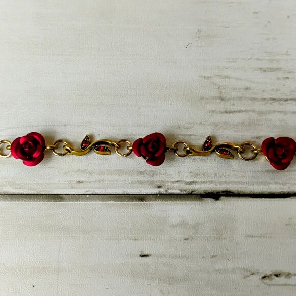 NEW Metal Red Rose Antiqued Gold Bracelet Small 6" w/ 2" Extender Chic, Retro - Picture 3 of 3